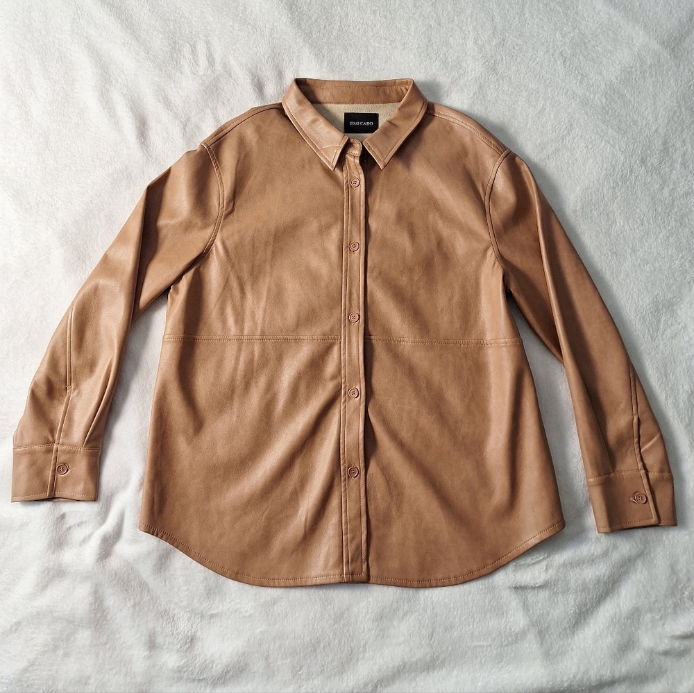 Dolce Cabo Faux Leather Shacket Women’s Tan Button Down Long Sleeve PU Jacket